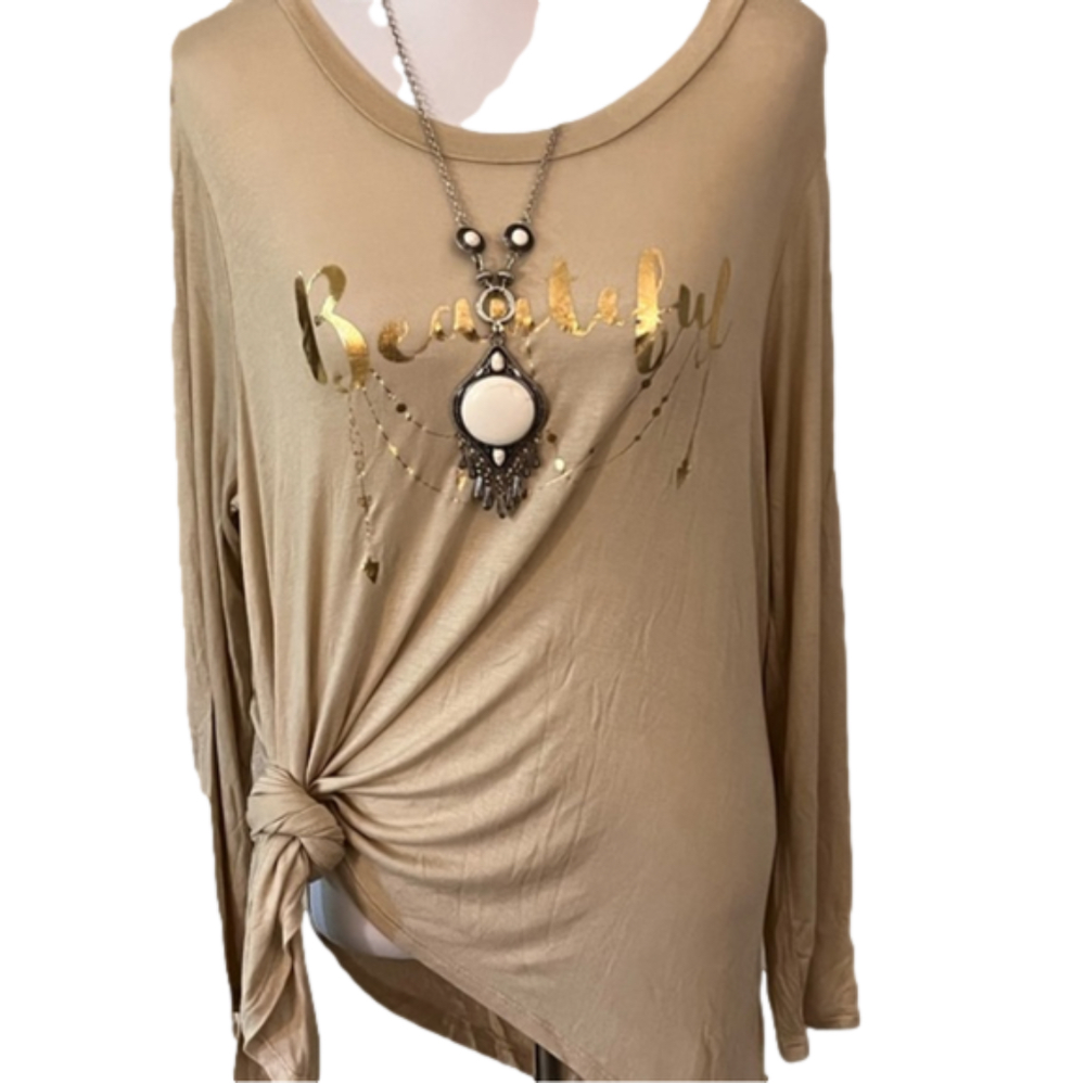 Tan “Beautiful” Foil Graphic Top – Long Sleeve Knot Hem Tee with Necklace - Picture 4 of 7